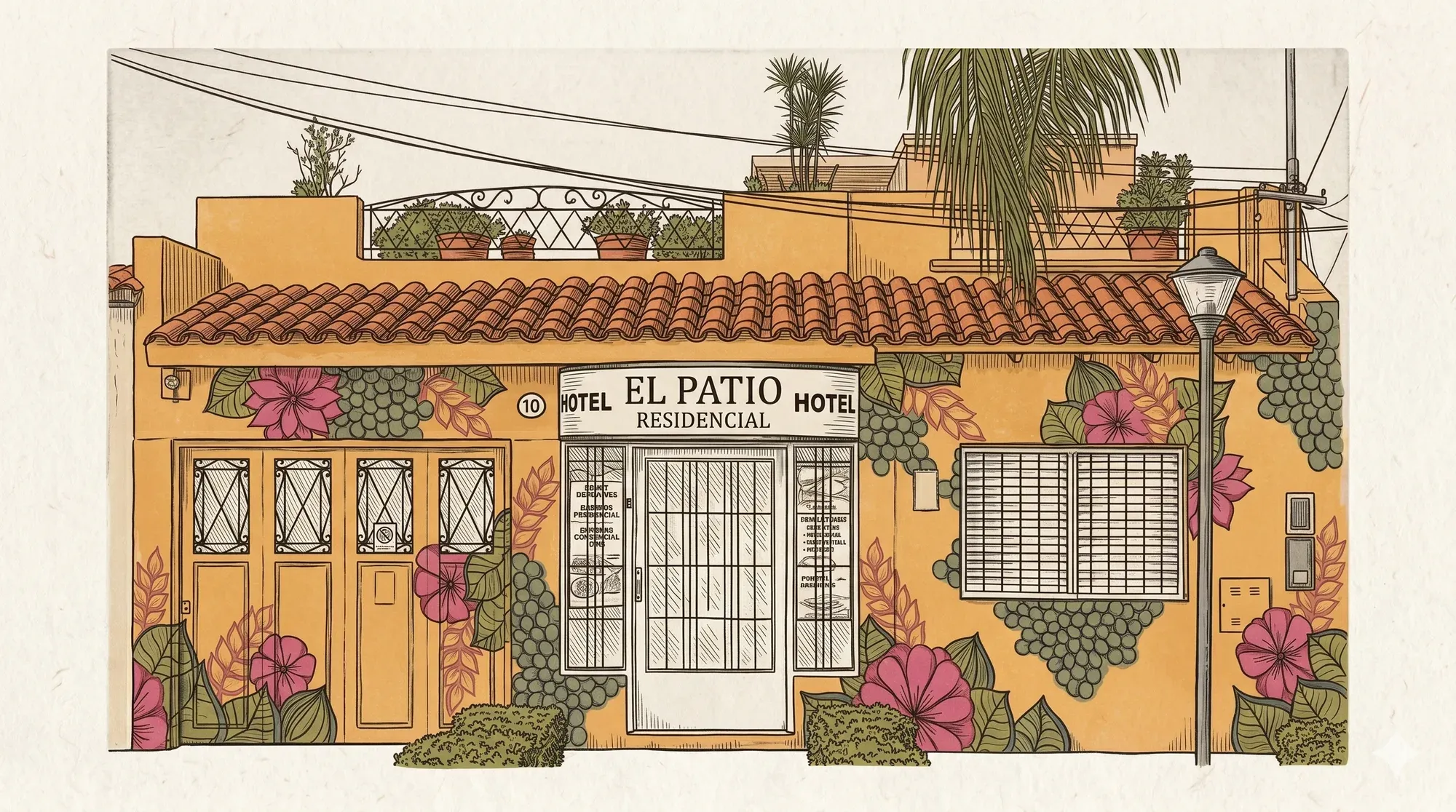 Ilustración de la fachada de Hotel El Patio Residencial: pared color terracota con tejas, flores y plantas